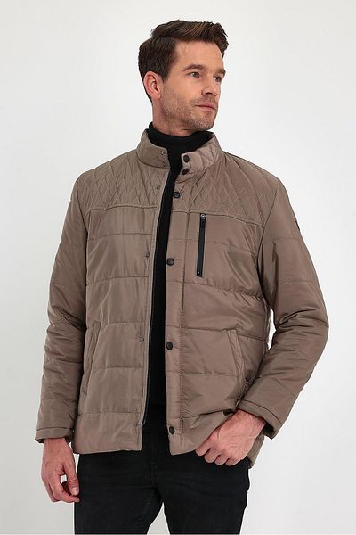 SİVAİST Men's Cream Standard Fit Normal Cut Furry Stand Collar Snap Detail Zippered Winter Coat