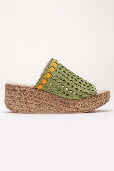 ANALİN SHOES Women's Genuine Leather Laser Wedge Heel Slippers - Pistachio Green