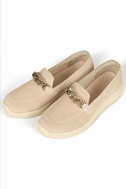 homiro Kadın Metal Tokalı Loafer Ayakkabı-Bej