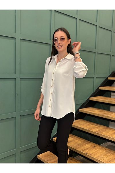 AYHAN Three-Quarter Sleeve Chiffon Shirt with Button Details on the Front and Sleeves