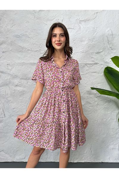 Elif Özbey Butik Pink Crispy Floral Elastic Waist Dress