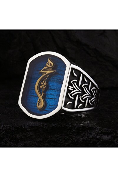 FKGÜMÜŞ 925 Ayar Gümüş Mavi Mineli Arapça Hiç Yazılı Erkek Yüzük