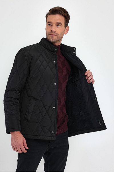 SİVAİST Men's Black Standard Fit Regular Cut Furry Stand Collar Snap Fastener Padded Patterned Overcoat