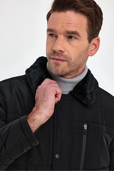 SİVAİST Men's Black Standard Fit Regular Cut Fur Detachable Collar with Snap Detail Zipper and Fur Inside