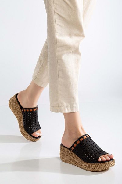 ANALİN SHOES Γυναικείες μαύρες γνήσιες δερμάτινες παντόφλες με τακούνι λέιζερ