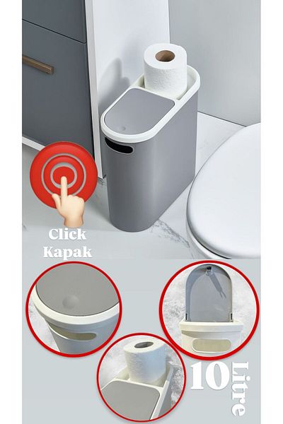 Bayev Kups Grey 10 Lt Click Κάδος απορριμμάτων, Κουζίνα, Μπάνιο, Κάδος απορριμμάτων τουαλέτας με δοχείο χαρτιού υγείας