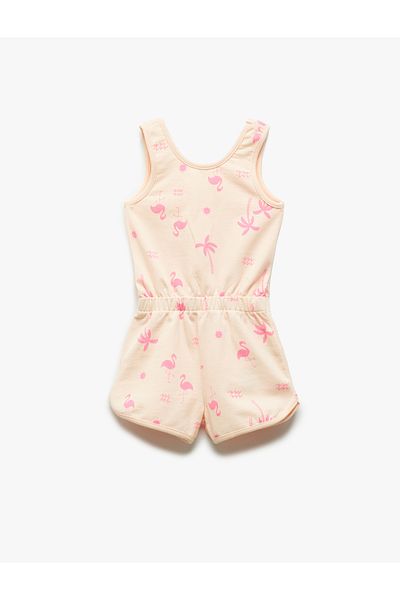 Koton Flamingo Printed Cotton Jumpsuit with Elastic Waist and Straps