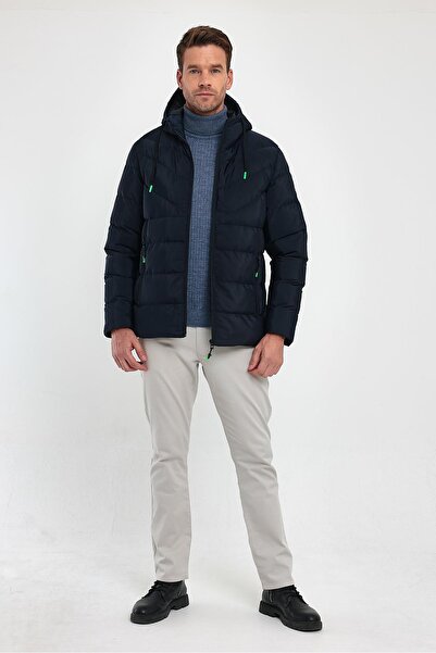 SİVAİST Men's Navy Blue Standard Fit Normal Cut Furry Fixed Hooded Stand Up Collar Coat