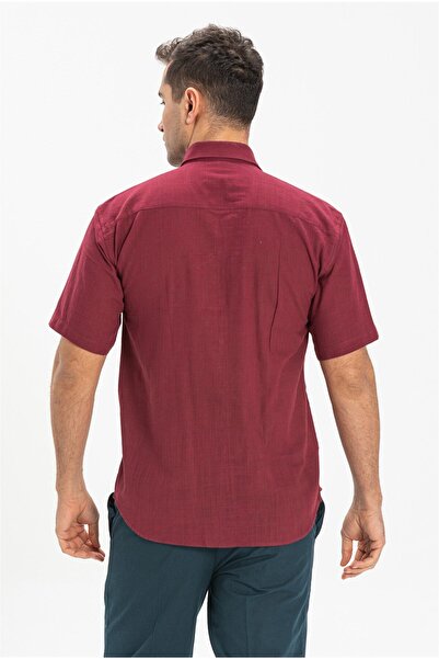 Eliş Şile Bezi Κοντό μανίκι Şile υφασμάτινο μονό τσεπάκι ανδρικό καλοκαιρινό πουκάμισο σκούρο μπορντό 3068