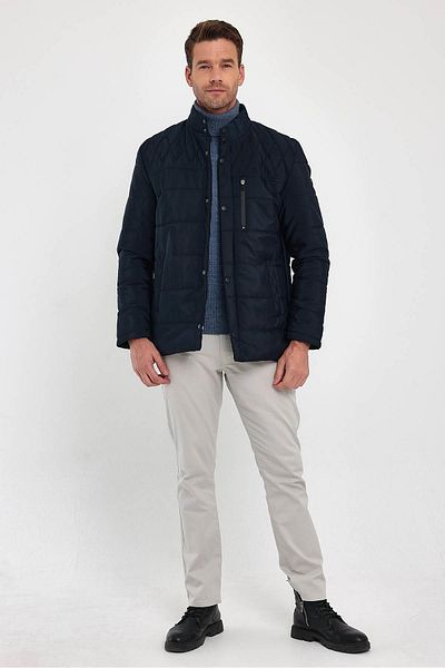 SİVAİST Men's Navy Blue Standard Fit Regular Cut Furry Stand Collar Snap Detail Zippered Winter Coat