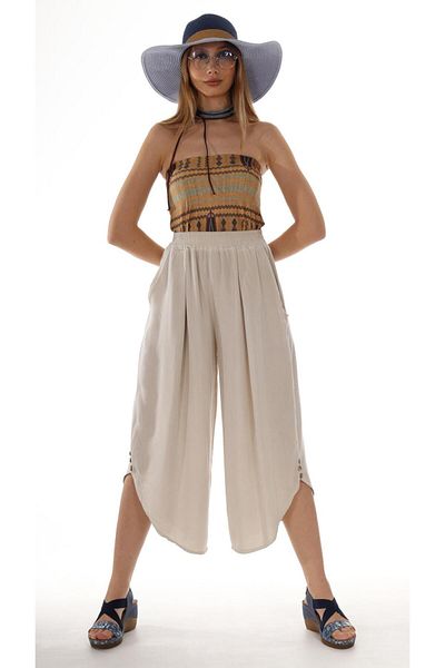 AYASOFYA OTANTIK Women's Beige Elastic Waist Slit Buttoned Antique Drtayli Loose Long Trouser Skirt