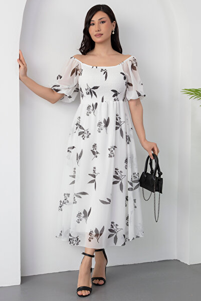 PULLIMM Kare Yaka Göğüs Gipeli Karpuz Kol Saten Elbise 2025-4119