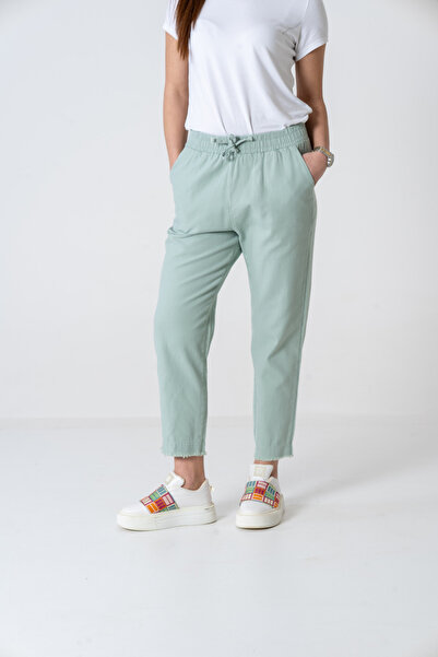 VerdeBlanco Havuç Kesim Paçası Püsküllü Müslin Pantolon Mint Yeşili