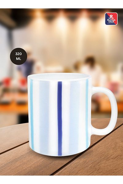 British Chef 6 Piece Opalware Blue Strip Plano Tea & Coffee Mug Set 320ml, Microwave & Dishwasher Safe Bc2031