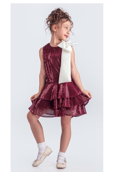 Mnk Baby&Kids فستان سهرة للفتيات بياقة وفيونكة مع ترتر لامع M00702 باللون الع...