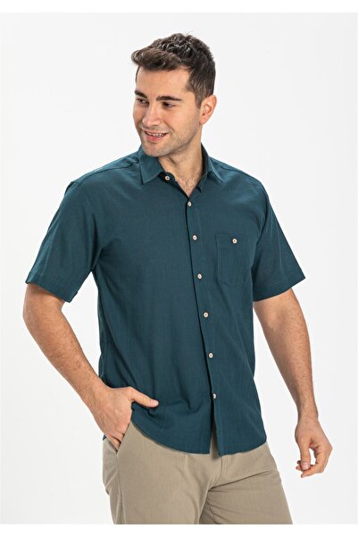 Eliş Şile Bezi Cămașă de vară pentru bărbați cu mânecă scurtă din pânză Sile, cu un singur buzunar, Dark Petrol 3069