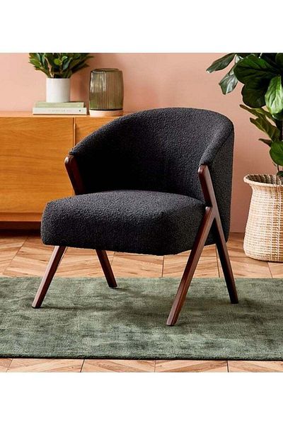 soufa dibaj Chair|Bouclee And Dark Brown Wood Legs 60x70x60 cm - Black