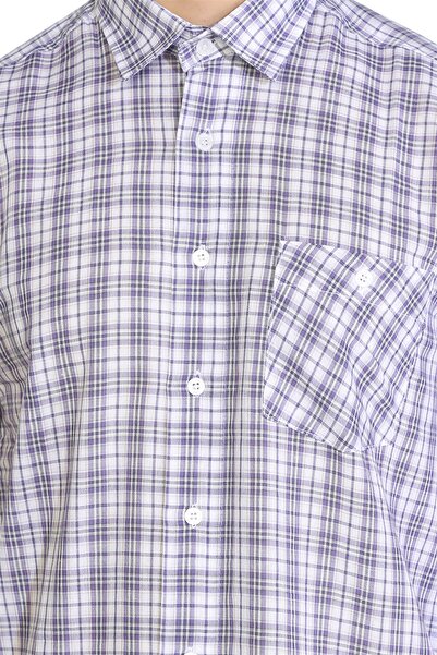 Eliş Şile Bezi Великий розмір, короткий рукав, шильська тканина, одна кишеня, чоловіча літня сорочка, фіолетова в клітинку 3035