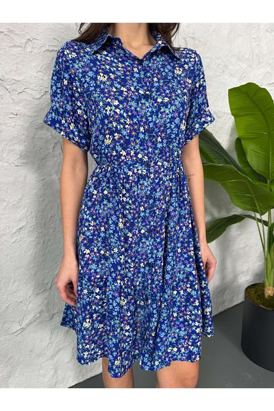 Elif Özbey Butik Crispy Blue Floral Elastic Waist Dress