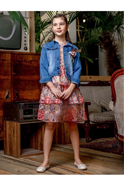 Mnk Baby&Kids طقم فستان وسترة من الدانتيل باللون الأحمر للفتيات - M00718