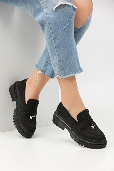 Hepici Pantofi confortabili din piele intoarsa neagra pentru femei Loafer Daily