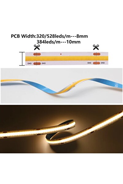 Ledarmy COB Led şerit 5metre 12V 480LED/m 3000K sıcak beyaz 10W 8mm IP20 aydınlatma ışık hortum kendinden ya