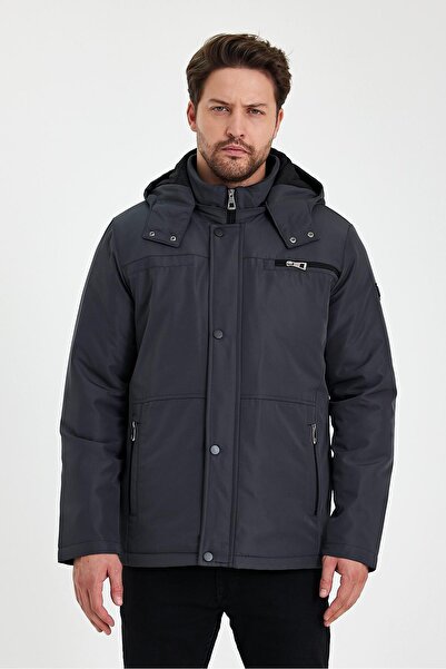 SİVAİST Сиво дебело кожено палто - с подвижна качулка и цип, устойчиво на вятър и вода