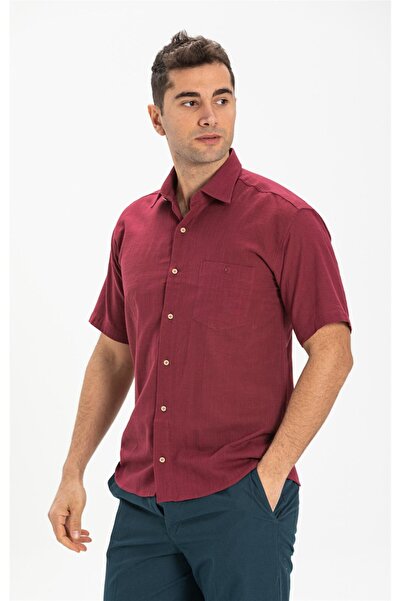 Eliş Şile Bezi Κοντό μανίκι Şile υφασμάτινο μονό τσεπάκι ανδρικό καλοκαιρινό πουκάμισο σκούρο μπορντό 3068