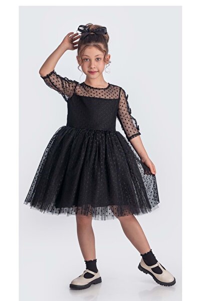 Mnk Baby&Kids Черна рокля за момиче - дантелена на точки, дълъг ръкав, принце...