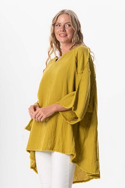 Eliş Şile Bezi Half Sleeve Nadya V-Neck Muslin Summer Blouse Oil Green Ygysl