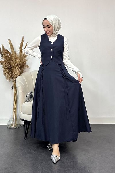 Tesettür Diyarı Women's Lizza Fabric Skirt with Shirred Vest Double Set - Navy Blue