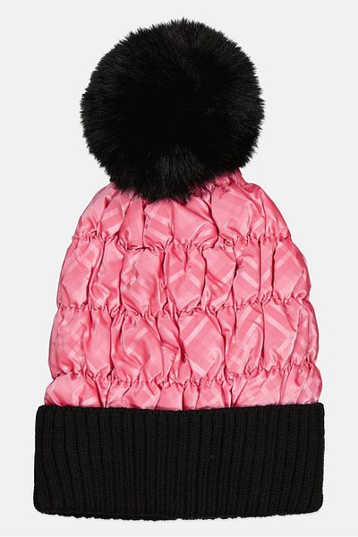 Justin Gregory Women Plaid Puffer Beanie With Pom, Pink