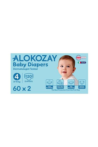 Alokozay Premium Baby Diapers - Size 4 (8-14 Kg) - 60 Diapers X Pack of 2