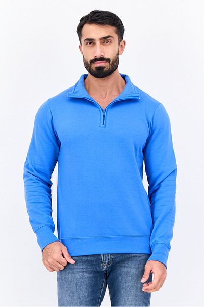 fleece factory Men Spread Collar Plain Long Sleeve Sweatshirt, Blue