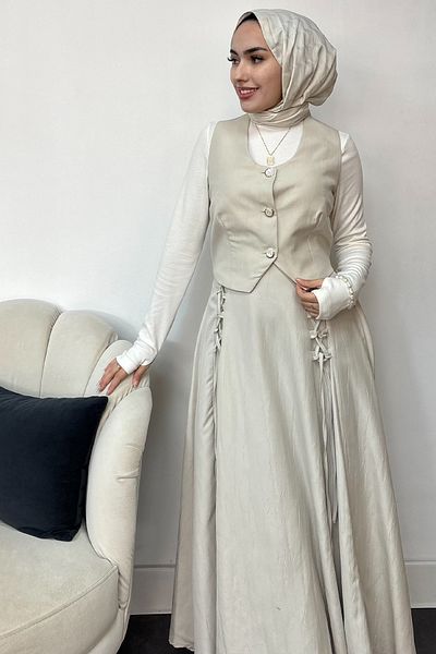 Tesettür Diyarı Γυναικείο Σετ Lizza Fabric με Κορδόνια Κορδόνια 2 ΤΕΜ - Κρέμα