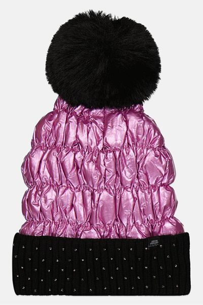 Justin Gregory Women Studded Puffer Beanie With Pom, Black