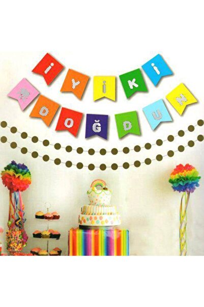 Parti Dükkanım Colorful Silver Gilding Printed Happy Birthday Text