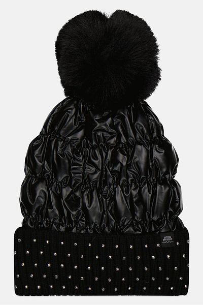 Justin Gregory Women Studded Puffer Beanie With Pom, Black
