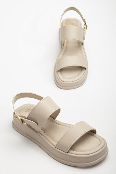 RİSSOLİ Rissoli Γυναικεία μπεζ κρέμα δέρματος με διπλή ρίγα αγκράφα στο πλάι Λεπτομερή καθημερινά άνετα σανδάλια