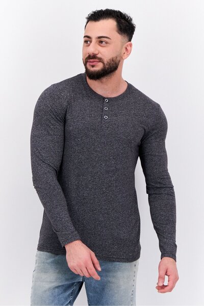 Blue Black Threads Men Henley Neck Long Sleeves Heather T-Shirts, Charcoal