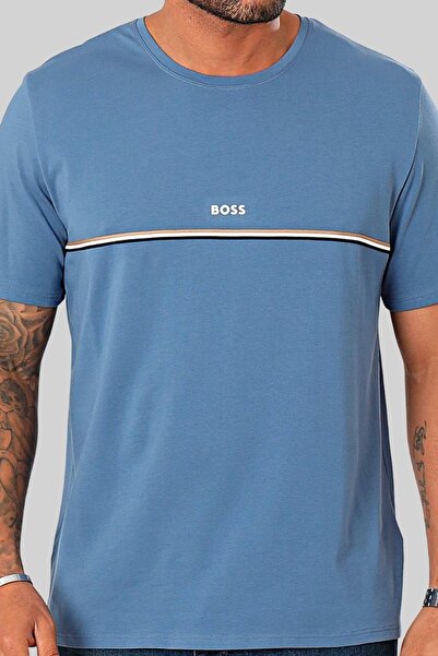 BOSS Şeritli Streç Regular Fit Erkek T-shirt Mavi