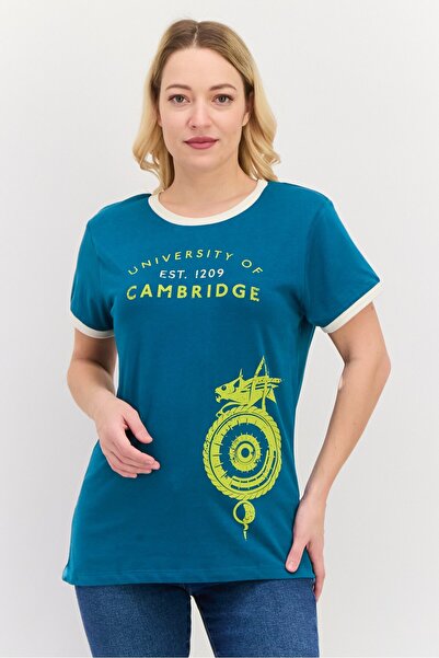University Of Cambridge Women Crew Neck Short Sleeve Printed T-Shirt, Teal Blue