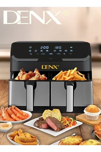 Denx مقلاة هوائية مزدوجة السلة من الفولاذ المقاوم للصدأ، سعة 4 لتر + 4 لتر، لوحة تحكم تعمل باللمس، التحكم في درجة الحرارة