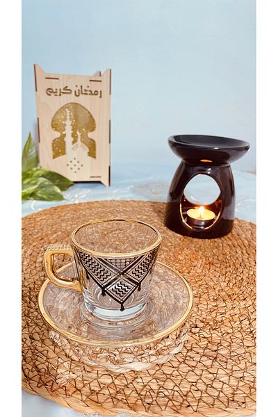 Zaytoon Turkish Coffee Cup Set - 12 Pieces Palestine Kefiyesi Embroidered Yellow and Black T00002