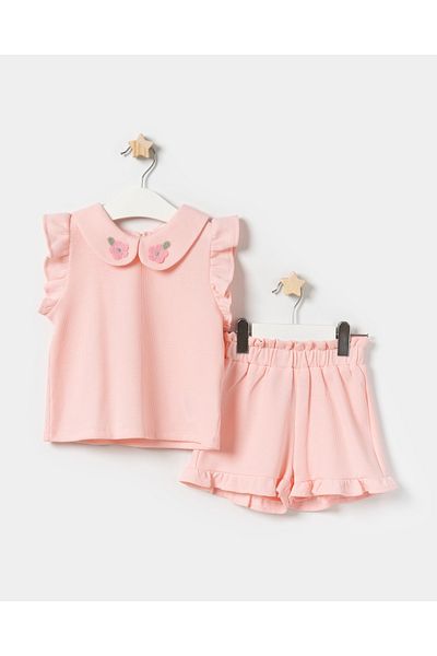 Minipodyum Baby Girl Baby Collared Shorts Summer Waffle Double Set