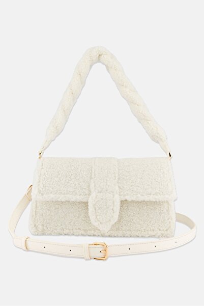Moda Luxe Women Faux Fur Satchels Bag 16 H x 27 L x 8 W cm, Ivory
