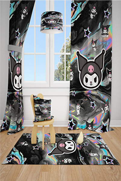 BelezaHome Black Gray Kuromi Themed 2 Wing Background Curtain