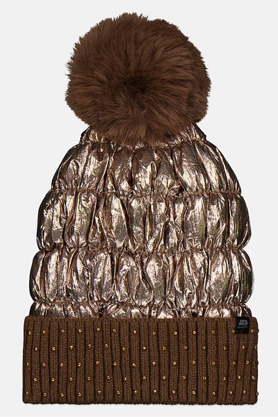 Justin Gregory Women Studded Puffer Beanie With Pom, Bronze
