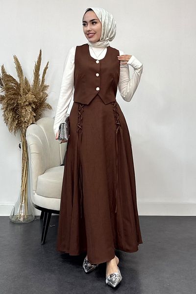 Tesettür Diyarı Women's Lizza Fabric Skirt - Double Set with Drawstring Vest - Brown