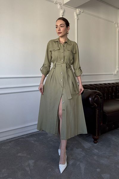 MAGARDE Double Pocket Tied Linen Dress - Khaki